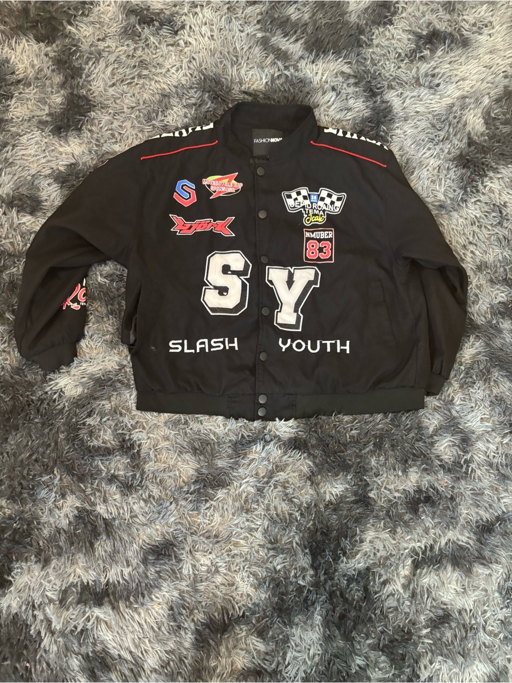 Fashion Nova Black Patchwork Varsity Kids Jacket